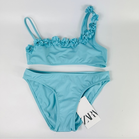 ZARA 2 Piece Tiffany Blue Floral Bikini 9-10, 11-12 NWT - Picture 1 of 14